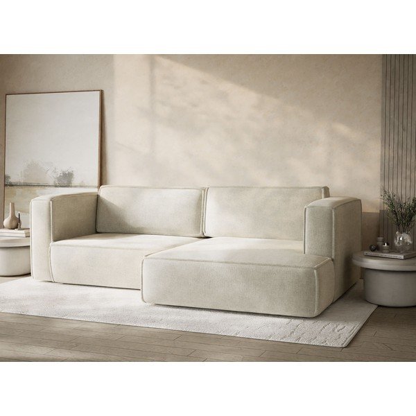 Kremowy rozkładany/ze schowkiem narożnik z tkaniny szenilowej (prawostronny/z szezlongiem) Velto – Maison de Rêve-image-4