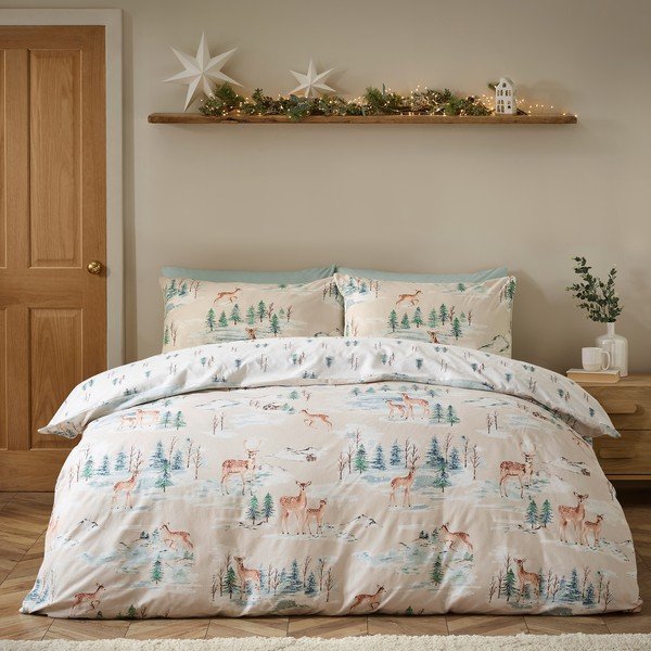 Flanelowa pościel dwuosobowa w naturalnym kolorze 230x220 cm Brushed Christmas Deer – Catherine Lansfield-image-2