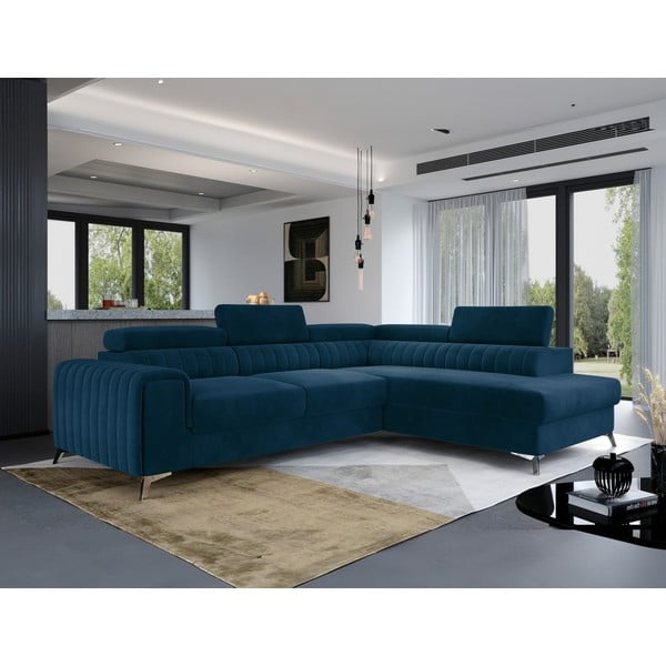 Niebieski aksamitny rozkładany/ze schowkiem narożnik (prawostronny/w kształcie litery L) Laurence – ELTAP-image-4