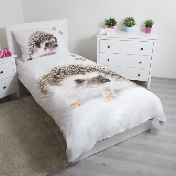 Biało-brązowa bawełniana pościel dziecięca jednoosobowa 140x200 cm Hedgehog – Jerry Fabrics-image-1