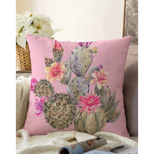 Różowa poszewka na poduszkę z domieszką bawełny Minimalist Cushion Covers Blooming Cacti, 55x55 cm