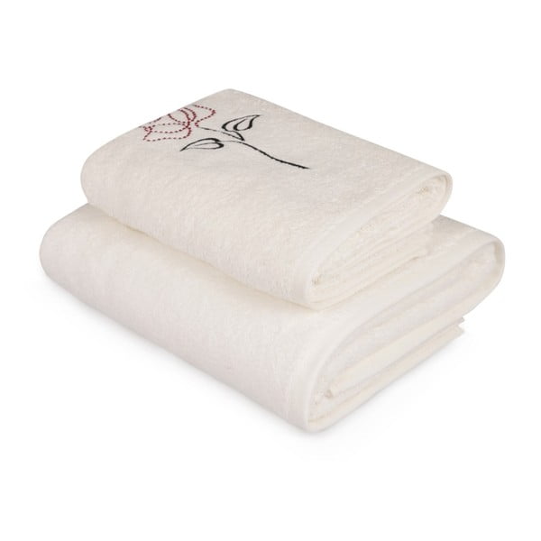 Komplet białego ręcznika i białego ręcznika kąpielowego z kolorowym detalem Rose