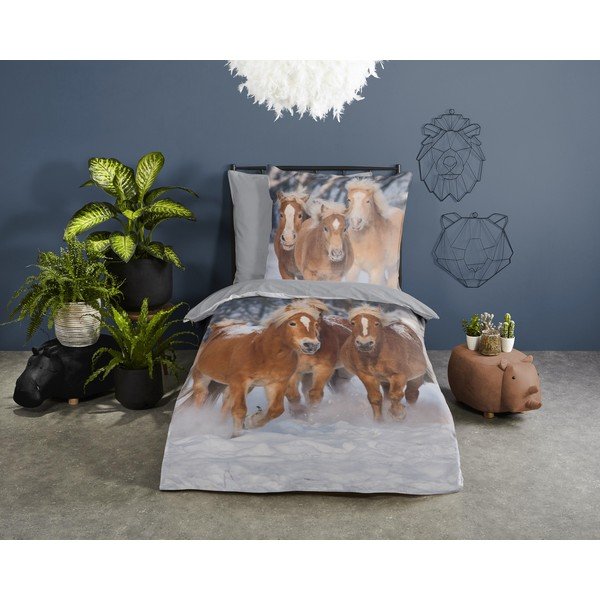 Szara flanelowa pościel dziecięca jednoosobowa 140x200 cm Happy Horses – Good Morning-image-1