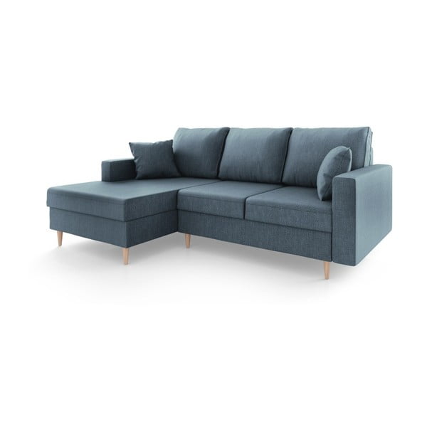 Niebieska sofa rozkładana ze schowkiem Mazzini Sofas Aubrieta, lewostronna