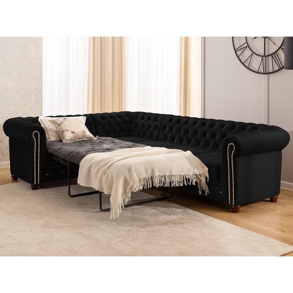 Czarny aksamitny rozkładany narożnik (lewostronny/w kształcie litery L) York Blik – Ropez-image-1