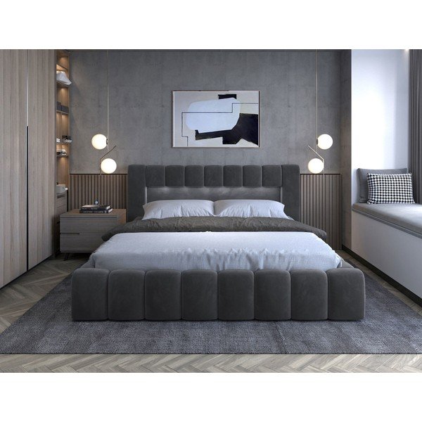 Szare tapicerowane łóżko dwuosobowe ze schowkiem ze stelażem 140x200 cm Lamica – ELTAP-image-2