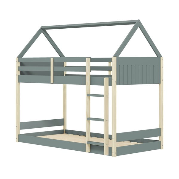 Łóżko dziecięce w kształcie domku/piętrowe ze stelażem 90x190 cm w naturalnym kolorze/szarozielone Valka – Marckeric-image-3