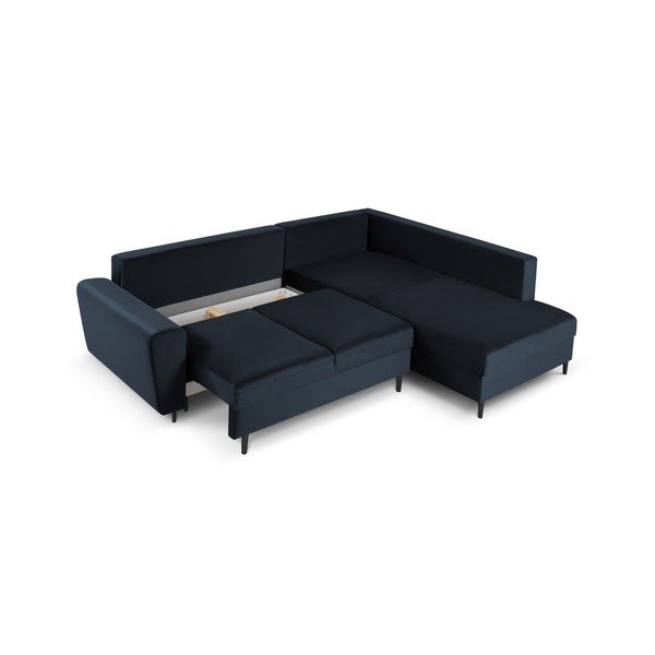 Ciemnoniebieski aksamitny rozkładany narożnik ze schowkiem (prawostronny/w kształcie litery L) Kyoto – Cosmopolitan Design-image-3