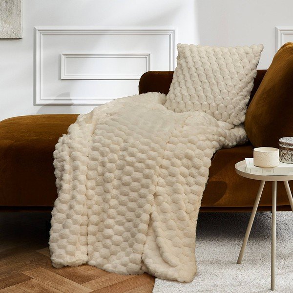 Koc z mikropluszu w kolorze kości słoniowej 180x220 cm Frosty – douceur d'intérieur-image-1