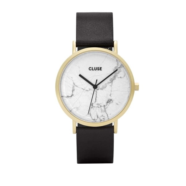 Zegarek damski z czarnym skórzanym paskiem i białym marmurowym cyferblatem Cluse La Roche Star