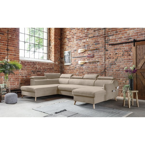 Beżowy aksamitny rozkładany narożnik (lewostronny/w kształcie litery U) Sweet Harmony – Miuform-image-3