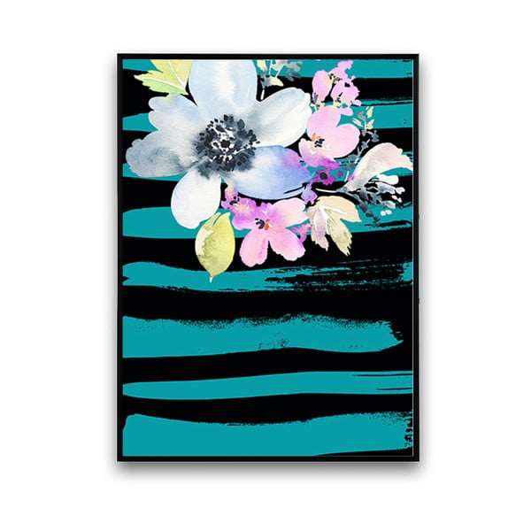 Plakat z kwiatami, turkusowo-czarne tło, 30 x 40 cm