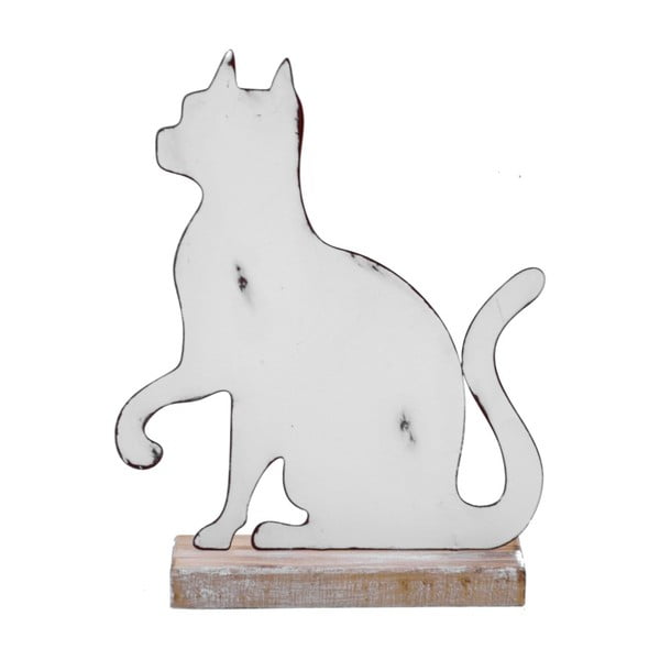 Duża biała dekoracja metalowa na drewnianej podstawce z motywem kotka Ego Dekor, 19,5x25 cm