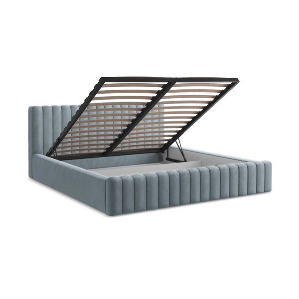 Jasnoniebieskie tapicerowane łóżko dwuosobowe ze schowkiem ze stelażem 160x200 cm Lemi – Makamii-image-3