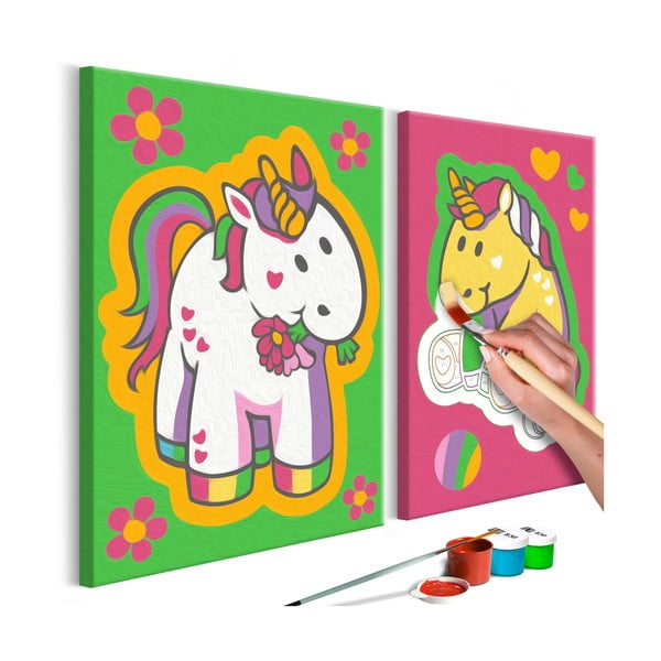 Zestaw płótna (2 szt.), farb i pędzli DIY Artgeist Lovely Unicorns, 33x33 cm