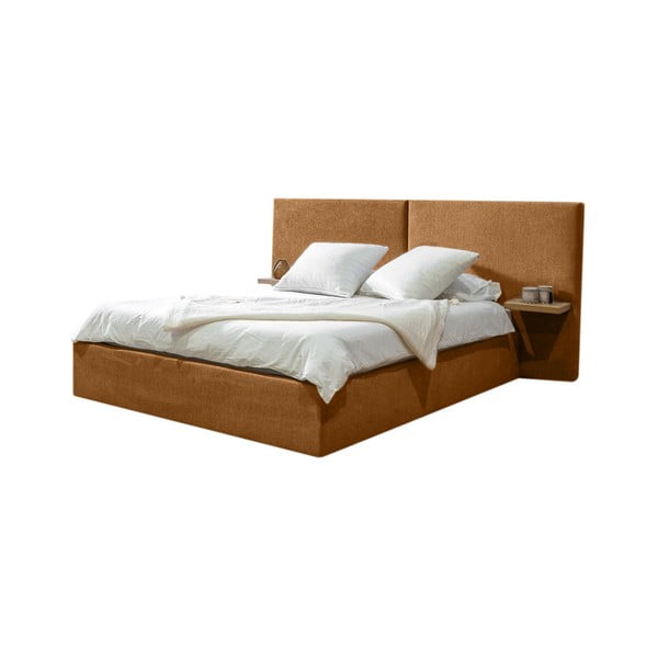 Tapicerowane łóżko dwuosobowe ze schowkiem ze stelażem 160x200 cm w odcieniach ochry Blandine – Bobochic Paris