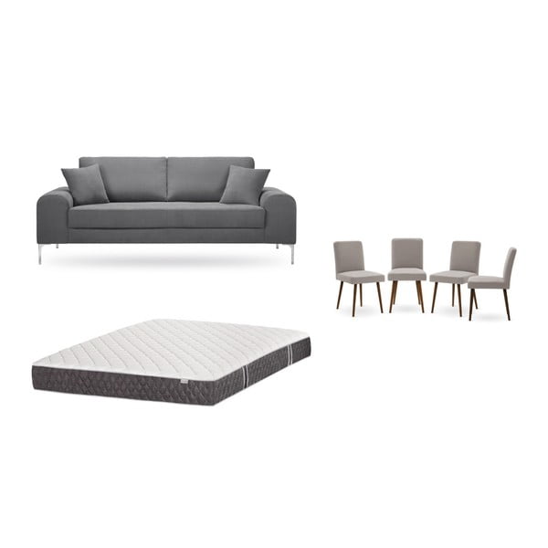 Zestaw 3-osobowej szarej sofy, 4 szarobrązowych krzeseł i materaca 160x200 cm Home Essentials