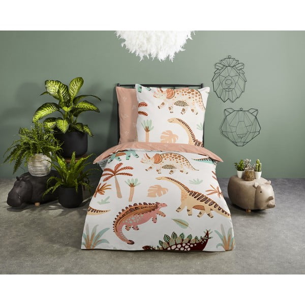 Brązowo-beżowa bawełniana pościel dziecięca jednoosobowa 140x200 cm Dino – Good Morning-image-1