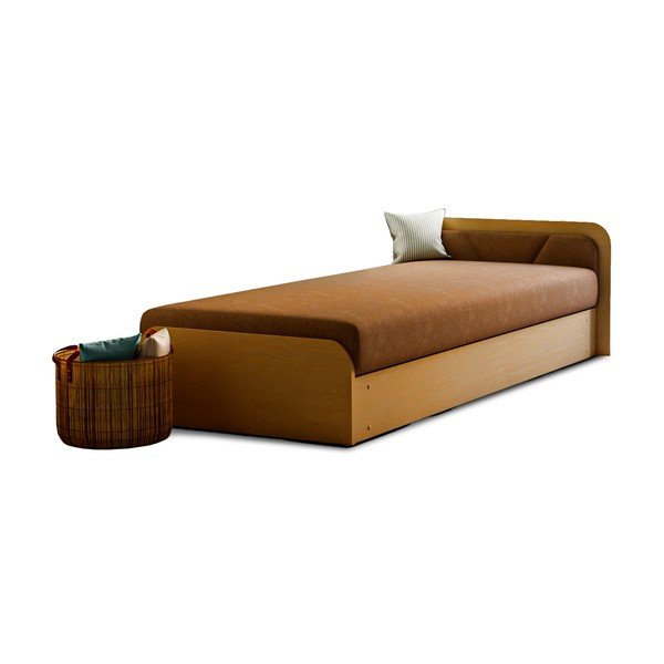 Tapicerowane/z płyty wiórowej łóżko jednoosobowe ze schowkiem z materacem 80x190 cm w kolorze ochry/brązowe Parys – ELTAP