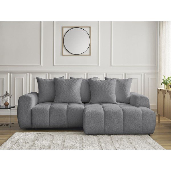 Szary rozkładany narożnik z materiału bouclé ze schowkiem (prawostronny/z szezlongiem) Roxelane – Bobochic Paris-image-1