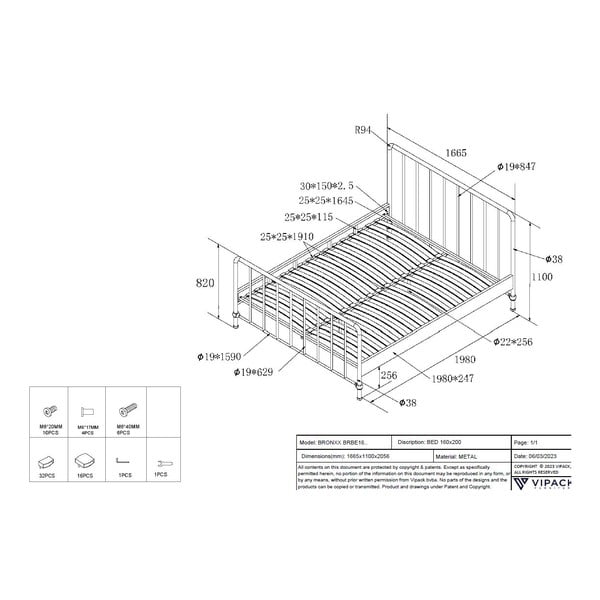 Zielone metalowe łóżko dwuosobowe ze stelażem 160x200 cm BRONXX – Vipack-image-4