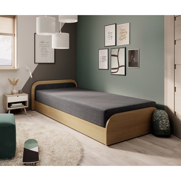 Tapicerowane/z płyty wiórowej łóżko jednoosobowe ze schowkiem z materacem 80x190 cm w kolorze ochry/ciemnoszare Parys – ELTAP-image-1