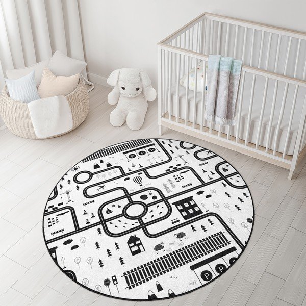 Czarno-biały dziecięcy dywan do zabawy odpowiedni do prania ø120 cm In My Town – Mila Home-image-3