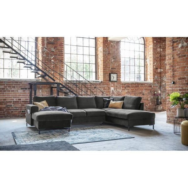 Ciemnoszara aksamitna rozkładana sofa w kształcie litery "U" Miuform Lofty Lilly, prawostronna-image-1