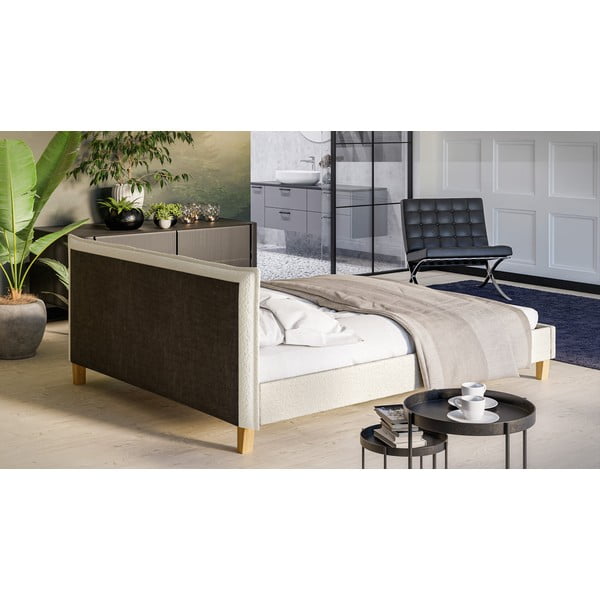 Kremowe tapicerowane łóżko dwuosobowe ze stelażem 160x200 cm Tina – Ropez-image-3