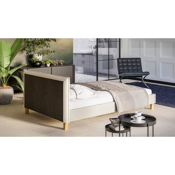 Kremowe tapicerowane łóżko dwuosobowe ze stelażem 140x200 cm Tina – Ropez-image-3
