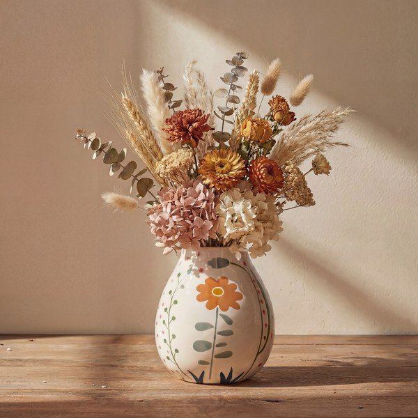 Kremowy kamionkowy ręcznie malowany wazon (wysokość 17 cm) Taza – Bloomingville-image-1