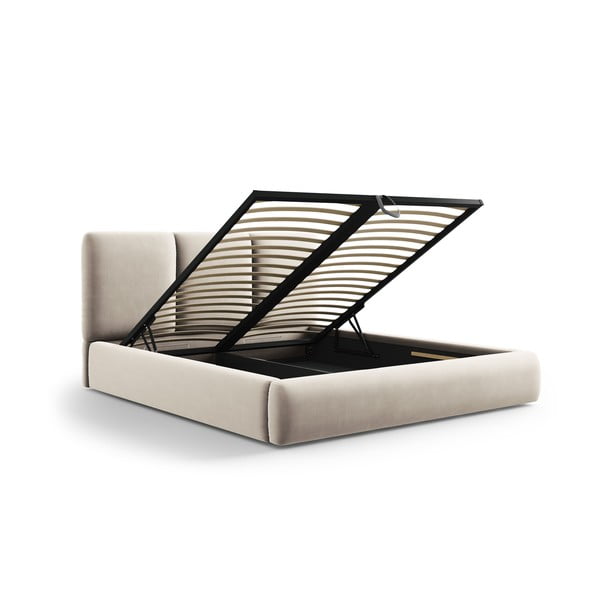 Kremowe aksamitne tapicerowane łóżko dwuosobowe ze schowkiem i stelażem 160x200 cm Brody – Mazzini Beds-image-3