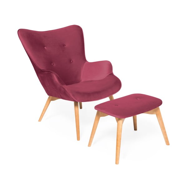Rózowoczerwony fotel z podnóżkiem i nogami w naturalnym kolorze Vivonita Cora Velvet