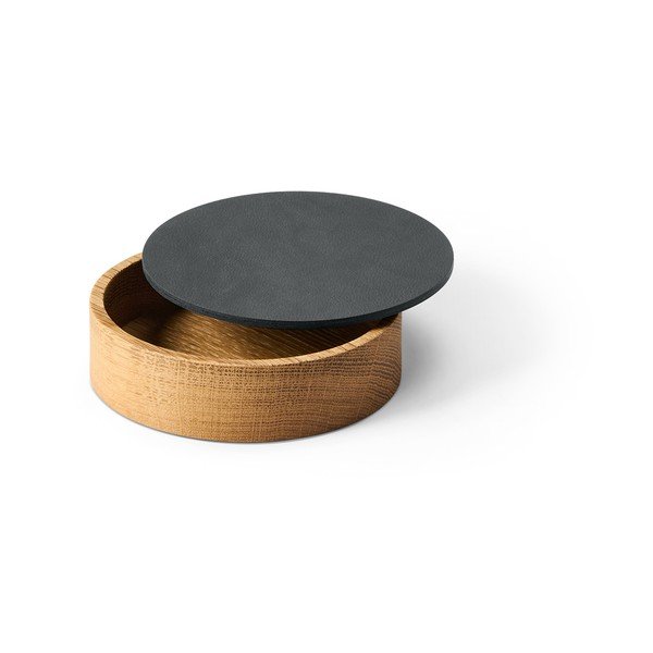 Antracytowo-naturalny drewniany/ze skóry ekologicznej pojemnik dekoracyjny z pokrywką ø 11x3,5 cm Circle Nupo – LIND DNA-image-1