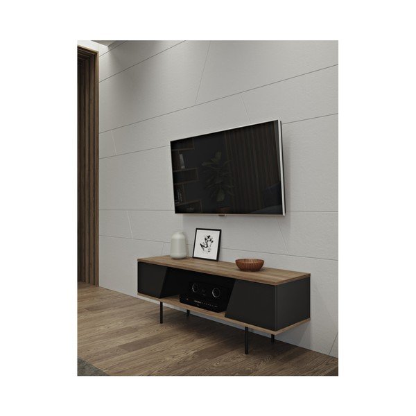 Szafka pod TV w dekorze drewna orzecha z czarnymi detalami TemaHome Dixie-image-3