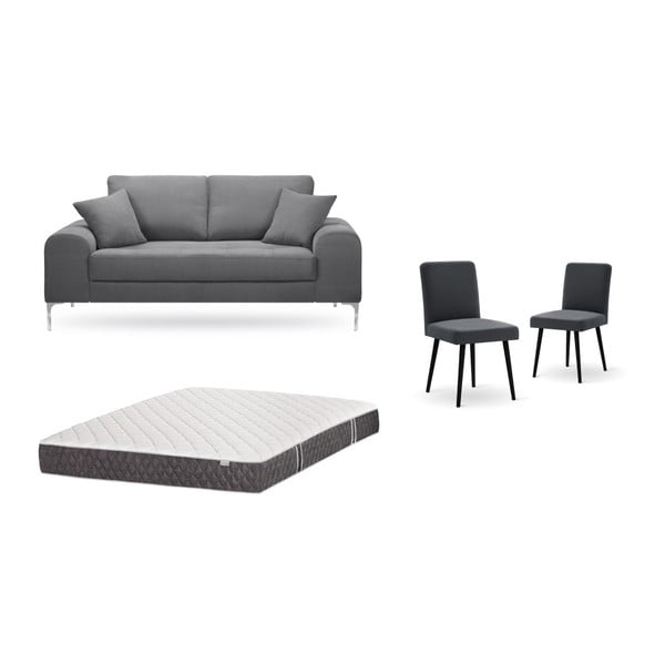 Zestaw 2-osobowej szarej sofy, 2 antracytowych krzeseł i materaca 140x200 cm Home Essentials