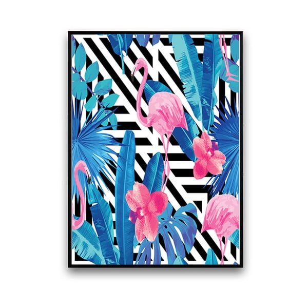 Plakat z flamingami i niebieskimi liśćmi, 30 x 40 cm