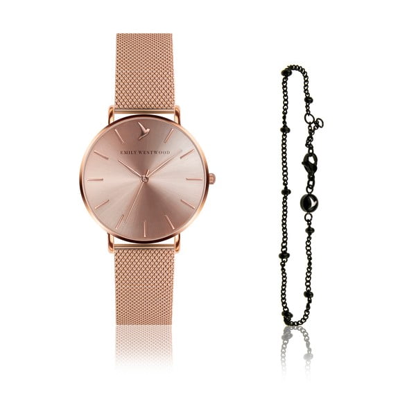 Zestaw damskiego zegarka i bransoletki ze stali nierdzewnej w kolorze różowego złota Emily Westwood Rosa