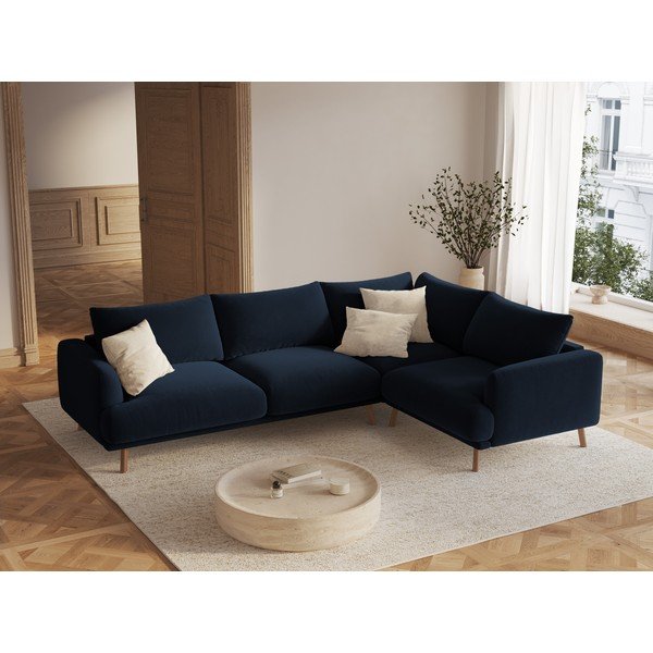 Ciemnoniebieski aksamitny narożnik (prawostronny/w kształcie litery L) Naomi – Micadoni -image-1