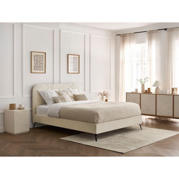 Beżowe tapicerowane łóżko dwuosobowe ze stelażem 160x200 cm Prune – Bobochic Paris-image-1