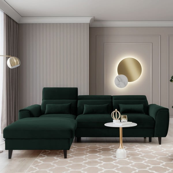 Ciemnozielony aksamitny rozkładany/ze schowkiem narożnik (lewostronny/z szezlongiem) Foble – ELTAP-image-1