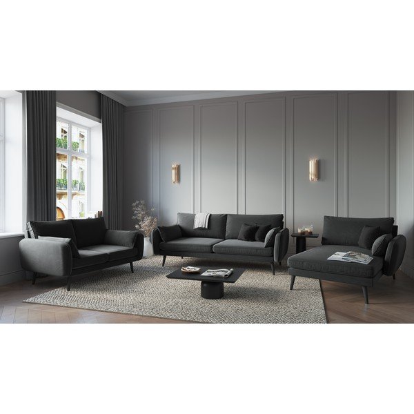 Ciemnoszary aksamitny szezlong z czarnymi nogami Kooko Home Lento, prawostronny-image-1