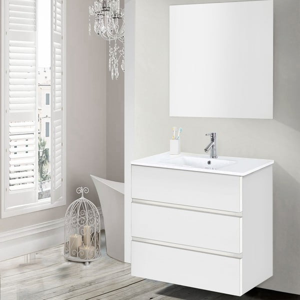 Szafka do łazienki z umywalką i lustrem Nayade, odcień bieli, 70 cm