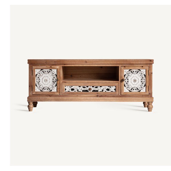Biało-naturalna szafka pod TV z litego drewna świerkowego 140x58 cm Agrabah – Burkina