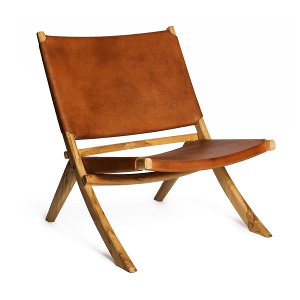 Brązowe krzesło z konstrukcją z drewna tekowego i siedziskiem ze skóry bydlęcej Simla Fold