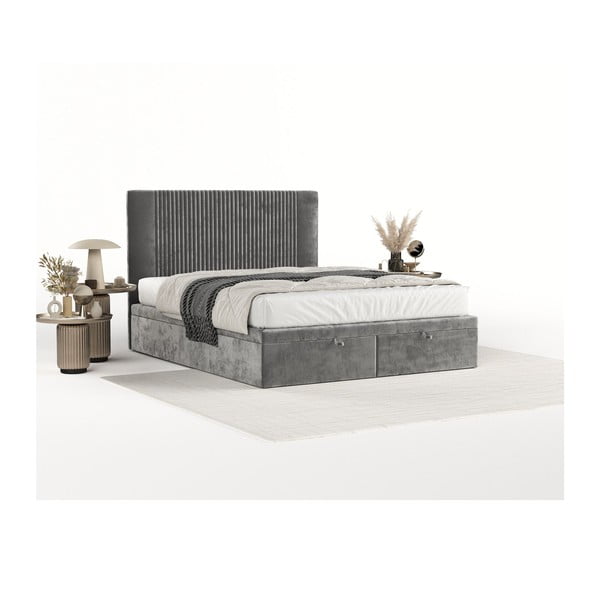 Szare tapicerowane łóżko dwuosobowe ze schowkiem 200x200 cm Mavel – Maison de Rêve-image-2