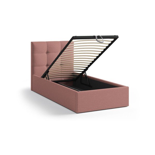 Różowe tapicerowane łóżko jednoosobowe ze schowkiem i stelażem 90x200 cm Phaedra – Micadoni -image-1