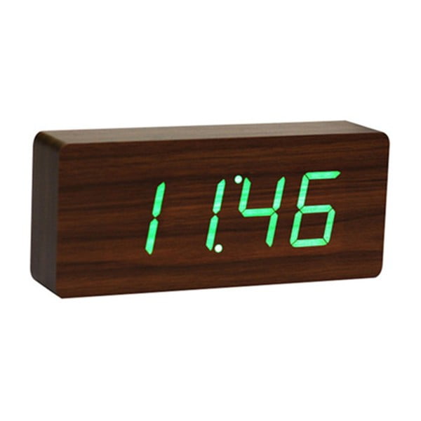 Ciemnobrązowy budzik z zielonym wyświetlaczem LED Gingko Slab Click Clock