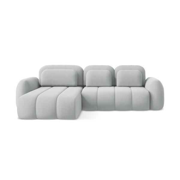 Jasnoszary rozkładany narożnik z materiału bouclé ze schowkiem (lewostronny/z szezlongiem) Pele – Makamii