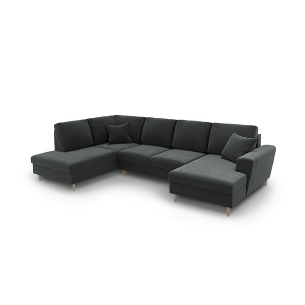 Ciemnoszary aksamitny rozkładany narożnik ze schowkiem (lewostronny/w kształcie litery U) Kyoto – Cosmopolitan Design-image-1